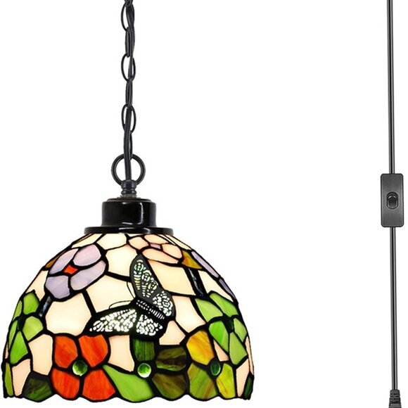 NEW Small Tiffany Pendant Light Plug in Stained Glass Swag Lamp 8X8X181" Hanging - Picture 2 of 7
